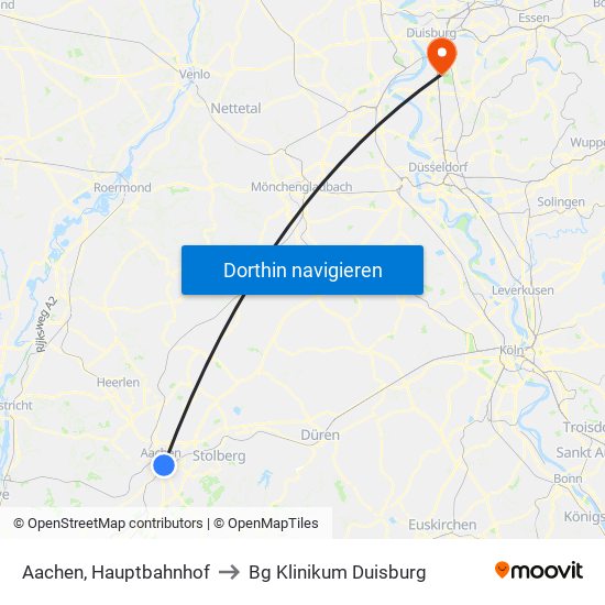 Aachen, Hauptbahnhof to Bg Klinikum Duisburg map