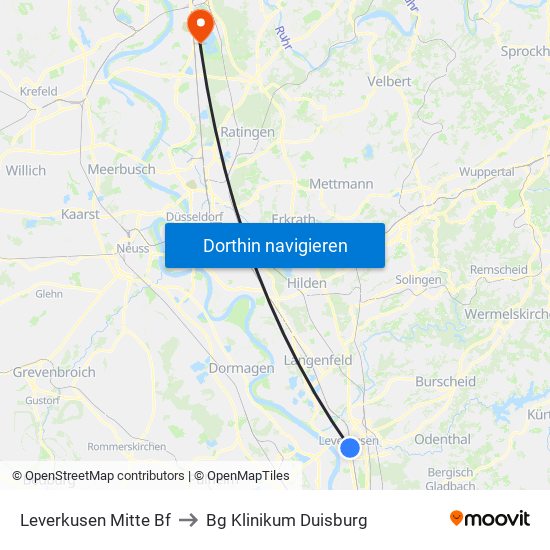 Leverkusen Mitte Bf to Bg Klinikum Duisburg map