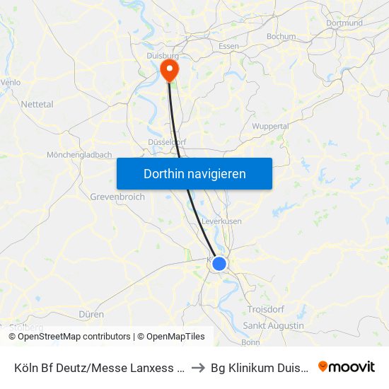 Köln Bf Deutz/Messe Lanxess Arena to Bg Klinikum Duisburg map