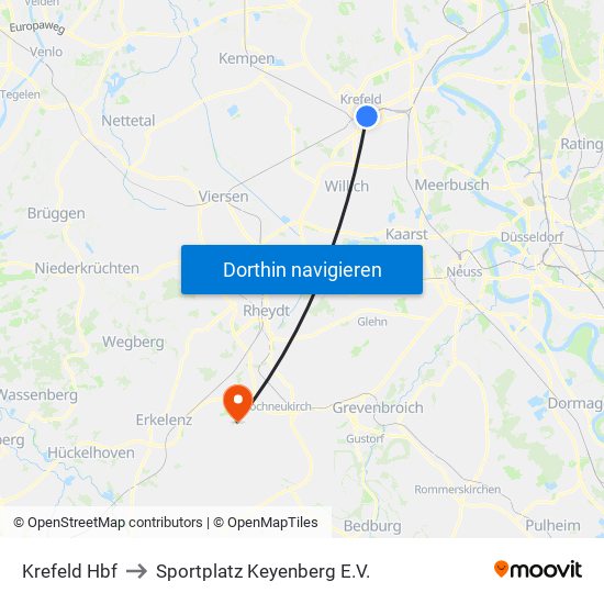 Krefeld Hbf to Sportplatz Keyenberg E.V. map