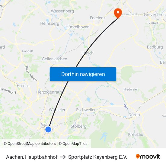 Aachen, Hauptbahnhof to Sportplatz Keyenberg E.V. map