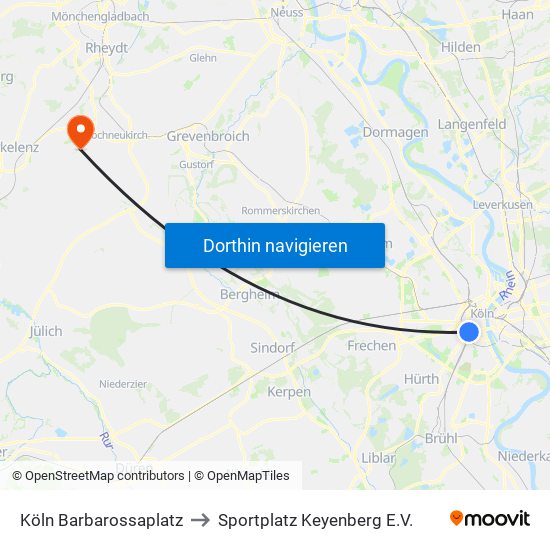 Köln Barbarossaplatz to Sportplatz Keyenberg E.V. map