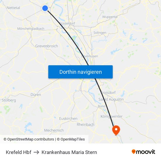 Krefeld Hbf to Krankenhaus Maria Stern map