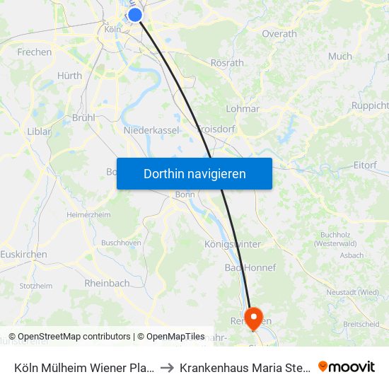 Köln Mülheim Wiener Platz to Krankenhaus Maria Stern map