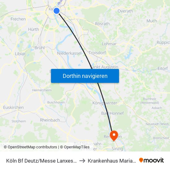 Köln Bf Deutz/Messe Lanxess Arena to Krankenhaus Maria Stern map