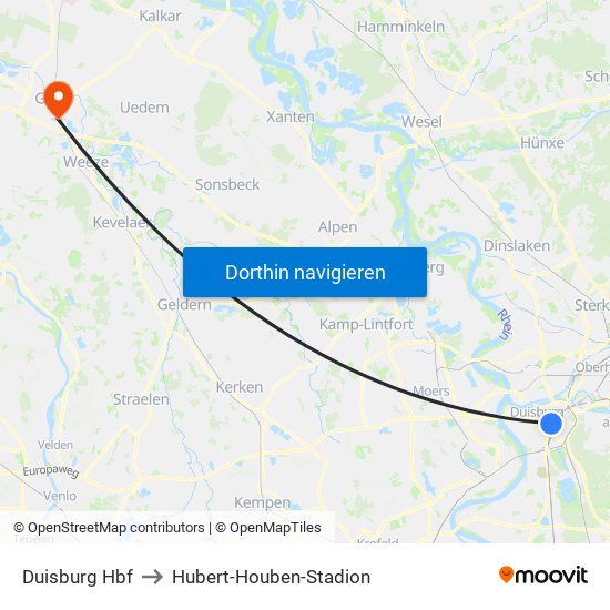 Duisburg Hbf to Hubert-Houben-Stadion map