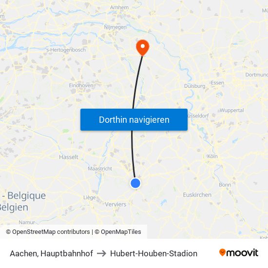 Aachen, Hauptbahnhof to Hubert-Houben-Stadion map