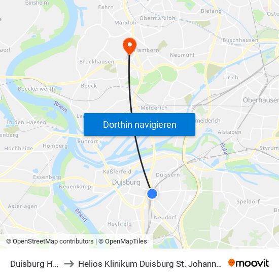 Duisburg Hbf to Helios Klinikum Duisburg St. Johannes map