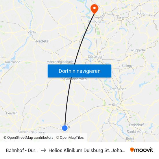 Bahnhof - Düren to Helios Klinikum Duisburg St. Johannes map