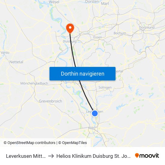 Leverkusen Mitte Bf to Helios Klinikum Duisburg St. Johannes map