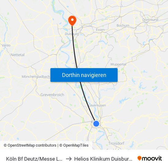 Köln Bf Deutz/Messe Lanxess Arena to Helios Klinikum Duisburg St. Johannes map