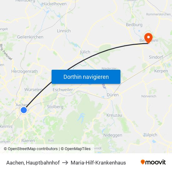 Aachen, Hauptbahnhof to Maria-Hilf-Krankenhaus map