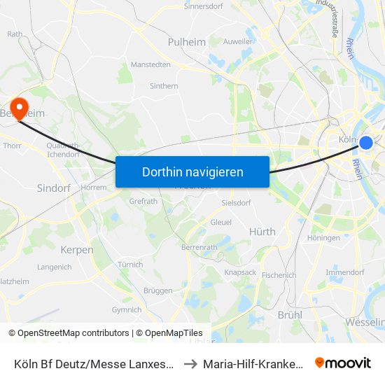 Köln Bf Deutz/Messe Lanxess Arena to Maria-Hilf-Krankenhaus map