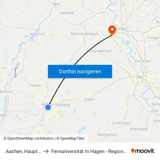 Aachen, Hauptbahnhof to Fernuniversität In Hagen - Regionalzentrum Neuss map