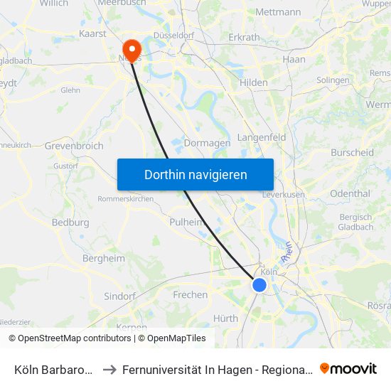 Köln Barbarossaplatz to Fernuniversität In Hagen - Regionalzentrum Neuss map