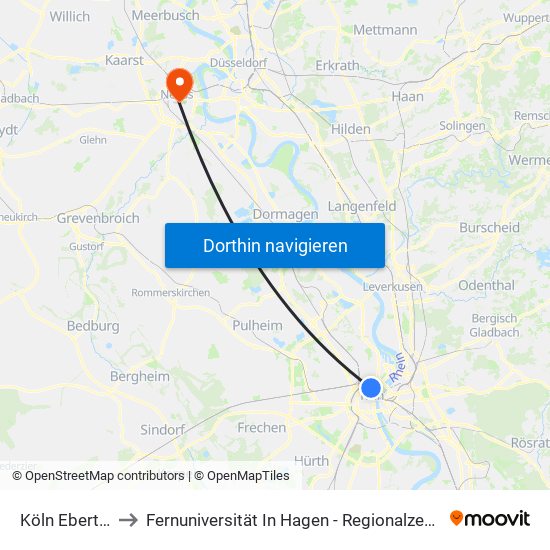 Köln Ebertplatz to Fernuniversität In Hagen - Regionalzentrum Neuss map