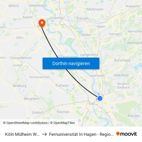 Köln Mülheim Wiener Platz to Fernuniversität In Hagen - Regionalzentrum Neuss map