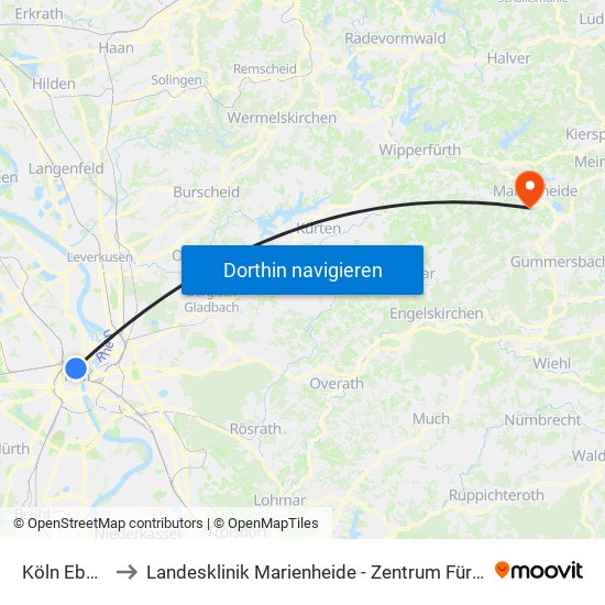 Köln Ebertplatz to Landesklinik Marienheide - Zentrum Für Seelische Gesundheit map