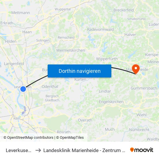 Leverkusen Mitte Bf to Landesklinik Marienheide - Zentrum Für Seelische Gesundheit map