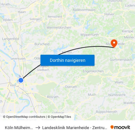 Köln Mülheim Wiener Platz to Landesklinik Marienheide - Zentrum Für Seelische Gesundheit map