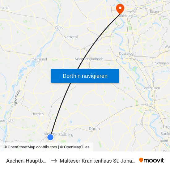 Aachen, Hauptbahnhof to Malteser Krankenhaus St. Johannes-Stift map