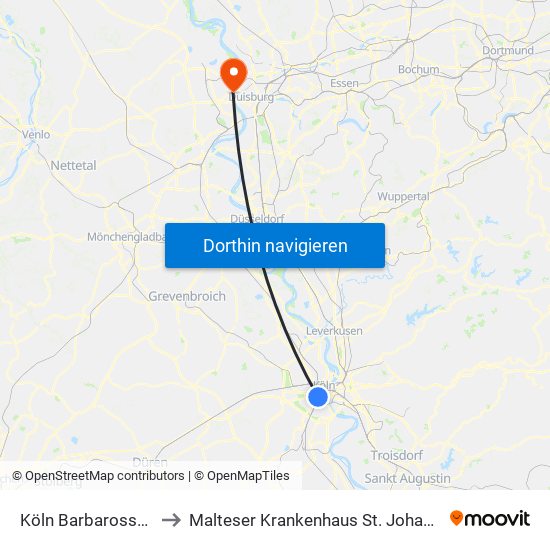 Köln Barbarossaplatz to Malteser Krankenhaus St. Johannes-Stift map