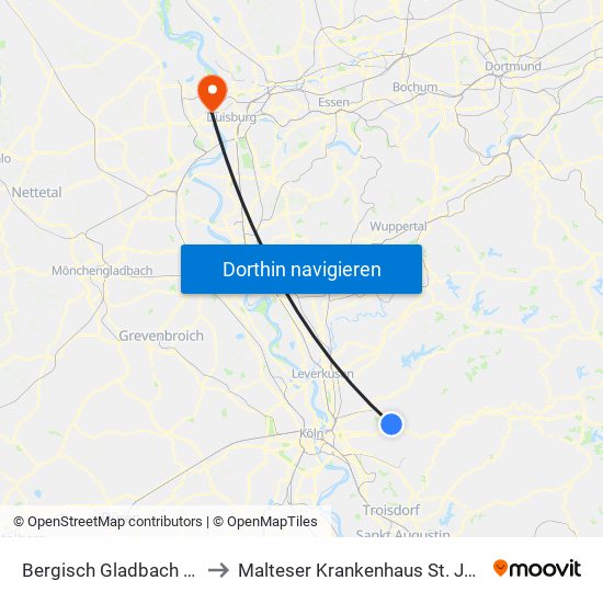 Bergisch Gladbach Bensberg to Malteser Krankenhaus St. Johannes-Stift map