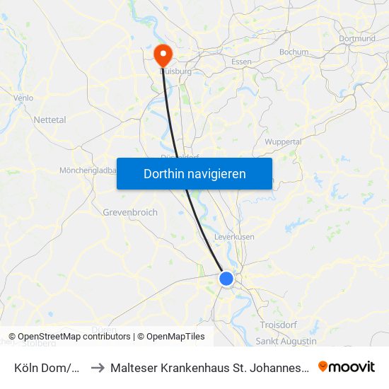 Köln Dom/Hbf to Malteser Krankenhaus St. Johannes-Stift map