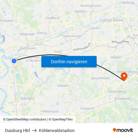 Duisburg Hbf to Köhlerwaldstadion map