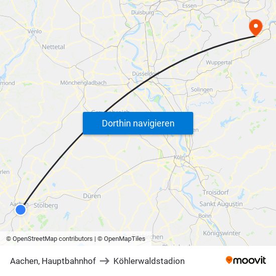 Aachen, Hauptbahnhof to Köhlerwaldstadion map