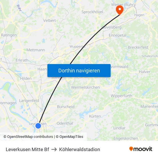 Leverkusen Mitte Bf to Köhlerwaldstadion map