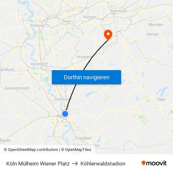 Köln Mülheim Wiener Platz to Köhlerwaldstadion map