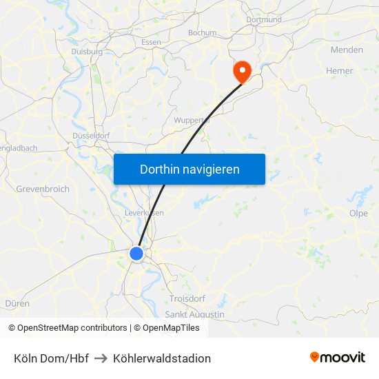 Köln Dom/Hbf to Köhlerwaldstadion map