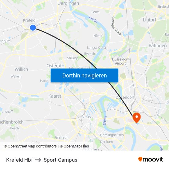 Krefeld Hbf to Sport-Campus map