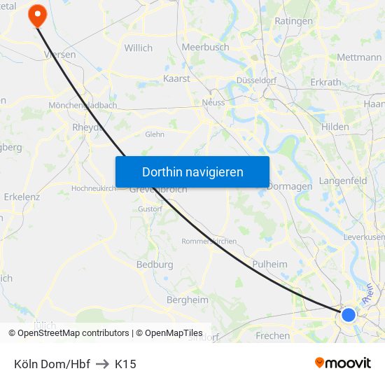 Köln Dom/Hbf to K15 map