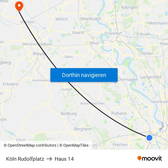 Köln Rudolfplatz to Haus 14 map