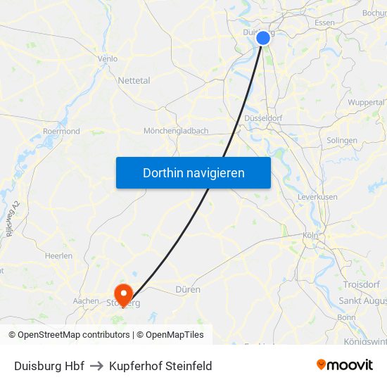 Duisburg Hbf to Kupferhof Steinfeld map