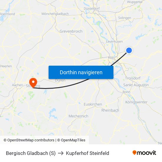 Bergisch Gladbach (S) to Kupferhof Steinfeld map