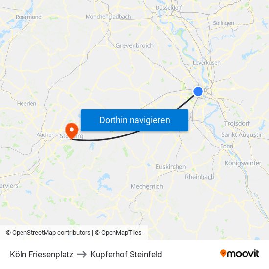 Köln Friesenplatz to Kupferhof Steinfeld map