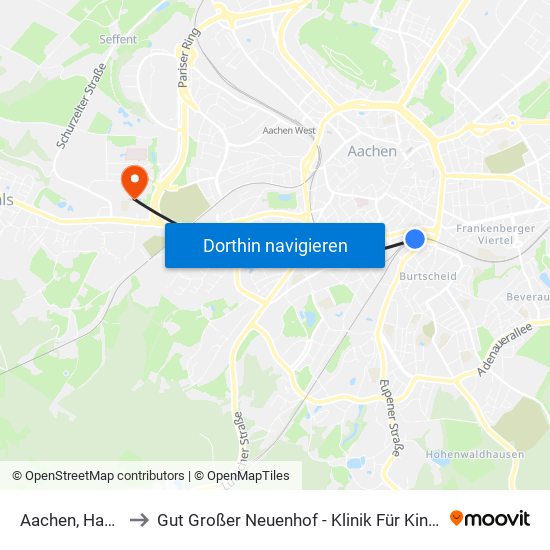 Aachen, Hauptbahnhof to Gut Großer Neuenhof - Klinik Für Kinder- Und Jugendpsychiatrie map