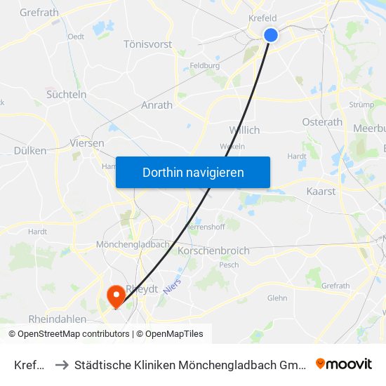 Krefeld Hbf to Städtische Kliniken Mönchengladbach Gmbh Elisabeth-Krankenhaus Rheydt map