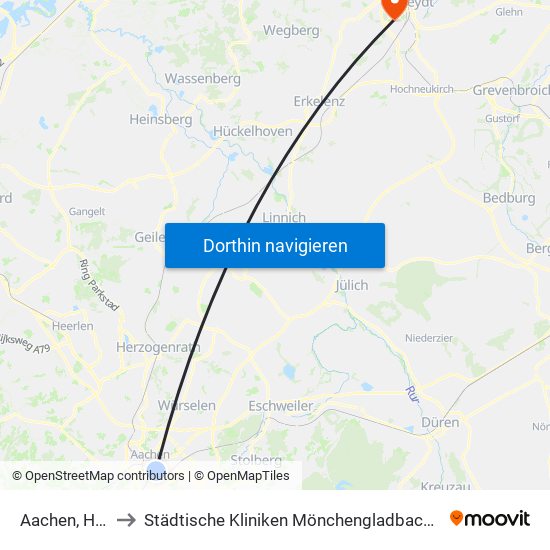 Aachen, Hauptbahnhof to Städtische Kliniken Mönchengladbach Gmbh Elisabeth-Krankenhaus Rheydt map