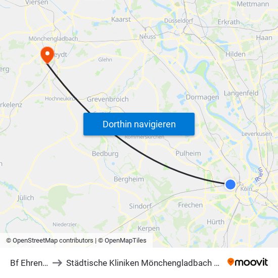 Bf Ehrenfeld - Köln to Städtische Kliniken Mönchengladbach Gmbh Elisabeth-Krankenhaus Rheydt map