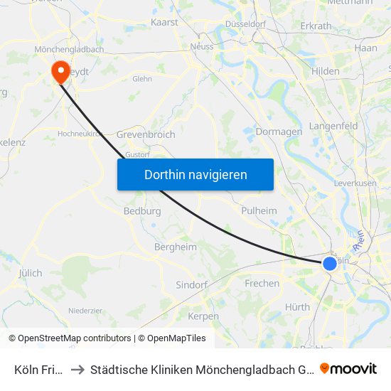 Köln Friesenplatz to Städtische Kliniken Mönchengladbach Gmbh Elisabeth-Krankenhaus Rheydt map