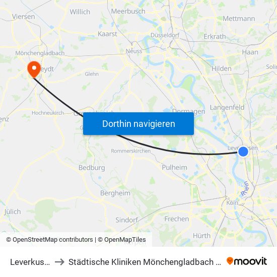 Leverkusen Mitte Bf to Städtische Kliniken Mönchengladbach Gmbh Elisabeth-Krankenhaus Rheydt map