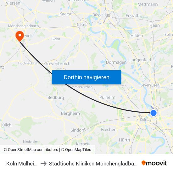 Köln Mülheim Wiener Platz to Städtische Kliniken Mönchengladbach Gmbh Elisabeth-Krankenhaus Rheydt map