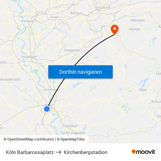 Köln Barbarossaplatz to Kirchenbergstadion map