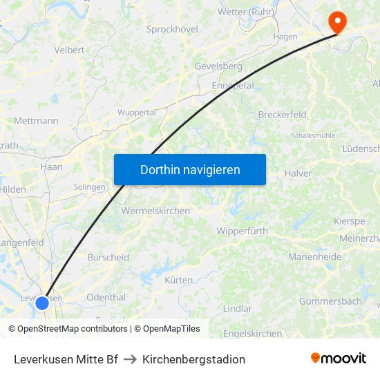 Leverkusen Mitte Bf to Kirchenbergstadion map