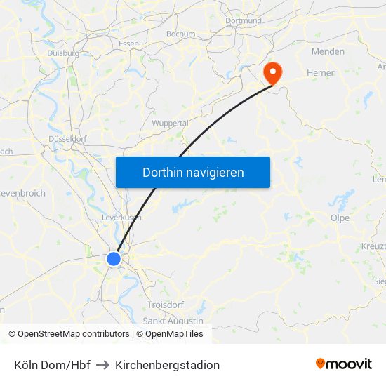 Köln Dom/Hbf to Kirchenbergstadion map