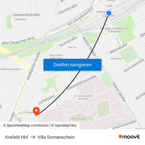 Krefeld Hbf to Villa Sonnenschein map